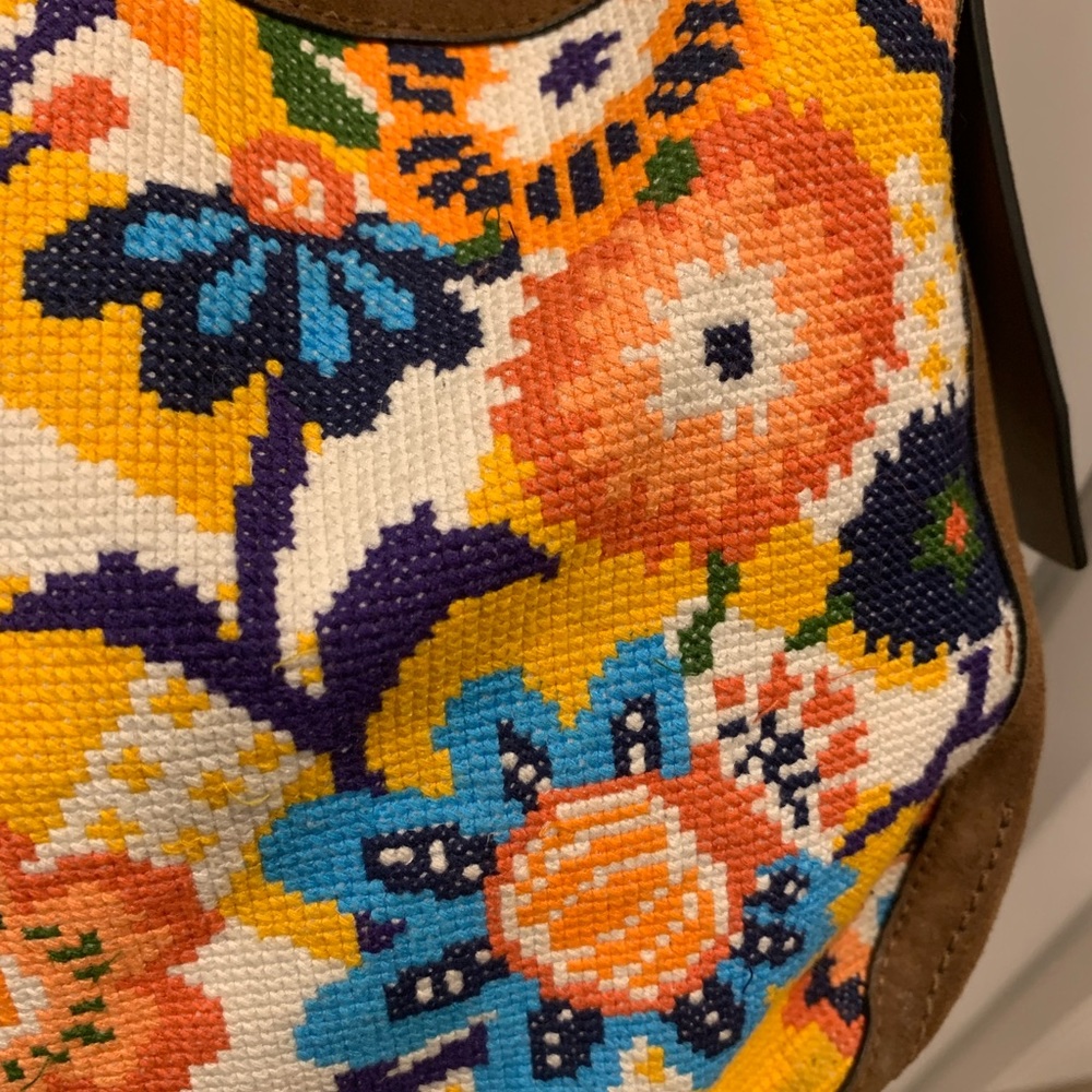Tory Burch Sawyer Needlepoint Suede Shoulder Bag Brown Multicolored Florals - Picture 15 of 15